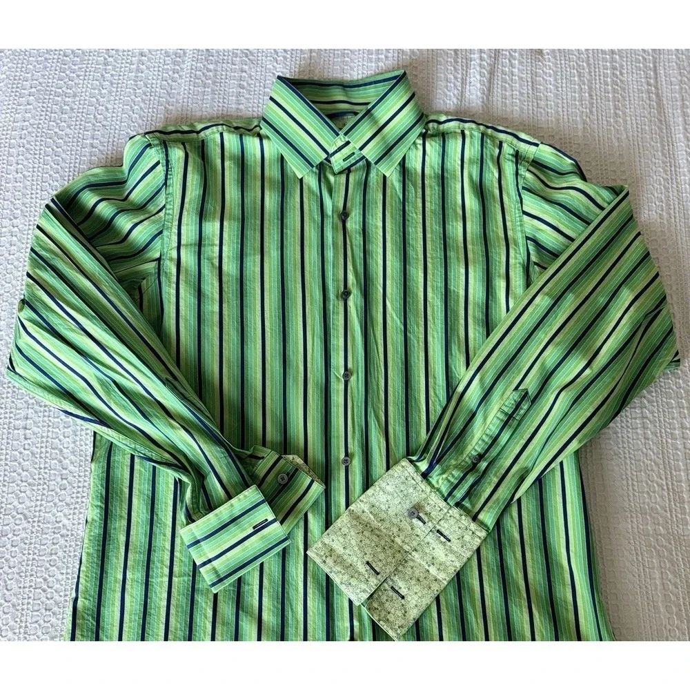 BANANA REPUBLIC MEN‎ DRESS SHIRT L 16-161/2 GREEN NAVY STRIPES FRENCH CUFF (B4)